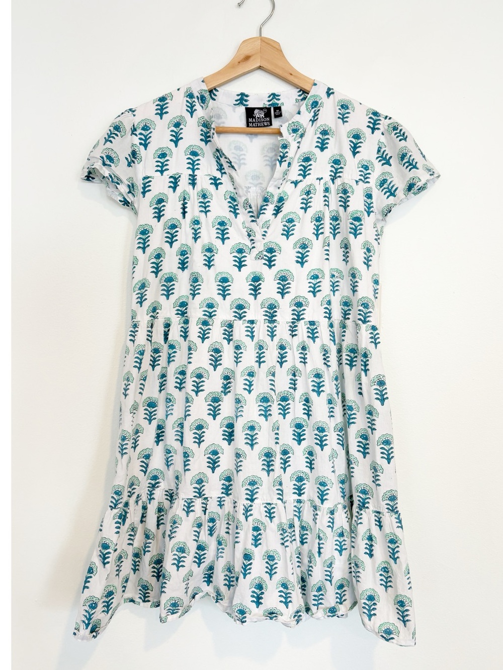 Madison Mathews || Floral Block Print A-Line Mini Dress Cotton White Blue Medium